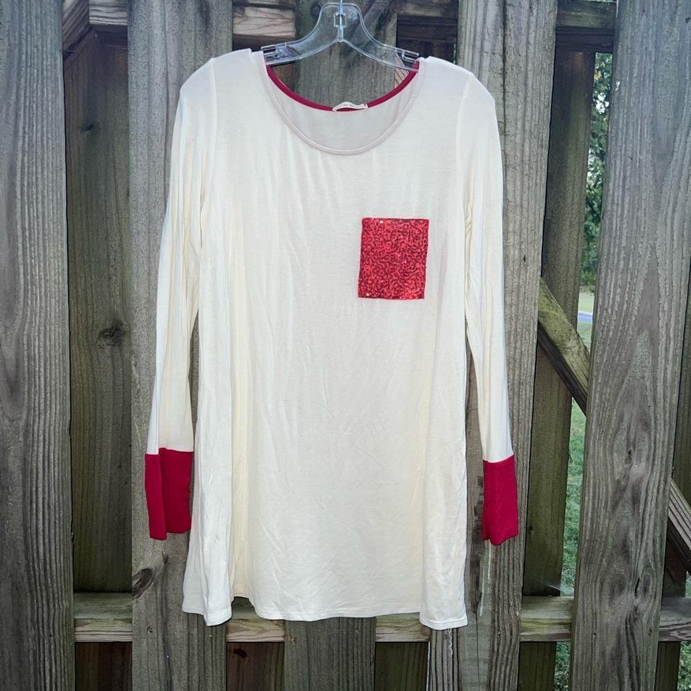 Mon Ami Red Sequin Pocket Long Sleeve Top